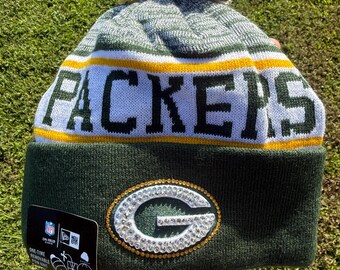 Bling Crystal Green Bay Packers Cream Winter Beanie Hat  display picture 1