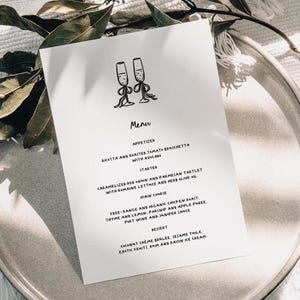 Hand Drawn Wedding Menu, Printable Menu Template, Whimsical Wedding, Champagne Glasses Scribble Illustration, Handwritten Font, French Style