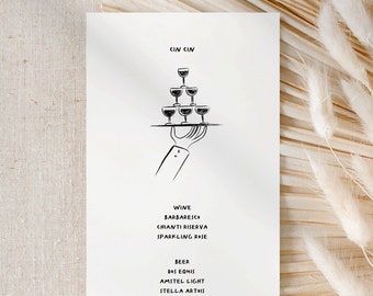 May include: A black and white illustration of a hand holding a tray with glasses of wine. The text below lists wine, beer, signature cocktails, and non-alcoholic drinks.