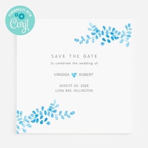 Square Save the Date Card, Blue Save the Date Template, Sky Blue Printable Invite, Editable Wedding Announcement Something Blue, 5x5 Digital
