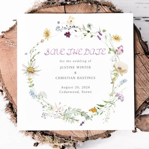 Square Save the Date Card, Wildflower Save the Date Template, Prairie Flowers Invite, Editable Template, Printable Wedding Announcement, 5x5