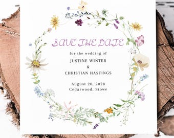 Square Save the Date Card, Wildflower Save the Date Template, Prairie Flowers Invite, Editable Template, Printable Wedding Announcement, 5x5