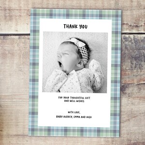 Newborn Thank You Card, Editable Template, Printable Birth Announcement, Photo Card Baby Boy Thank You Card Girl, Blue Buffalo Plaid Gingham