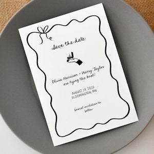 Hand Drawn Save the Date Template, Whimsical Wedding Bow Drawing Border Wavy Frame Illustration Handwritten Editable Invite Engagement Ring