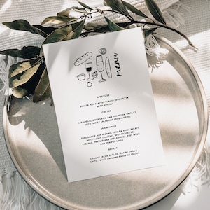 Hand Drawn Wedding Menu, Menu Template, Corjl, Whimsical Wedding, Doodle Illustrations, 5x7, A5, Handwritten Scribbles, Italian Style Food