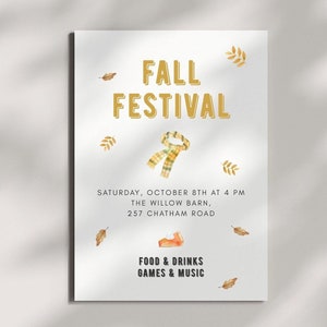 Fall Invitation Template, Autumn Birthday Invitation, Fall Festival, Fall Harvest Party, Scarf, Printable Card, Digital Download, Editable