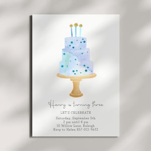 Third Birthday Invitation, Editable Template, Printable Cake Invite, 3 Candles Birthday Party, Blue Invite, 3 Year Old Boy, Digital Download