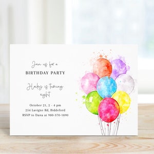 Balloon Birthday Invitation, Printable Birthday Invitation, Editable Template, Colorful Party Balloons, For Boys For Girls, Digital Download
