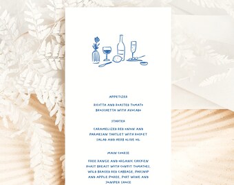 May include: A blue and white illustrated menu with a list of appetizers, a starter, a main course, and a dessert. The menu includes dishes like ricotta and roasted tomato bruschetta, caramelized red onion and parmesan tartlet, free range and organic chicken roast breast, and coconut creme brulee.