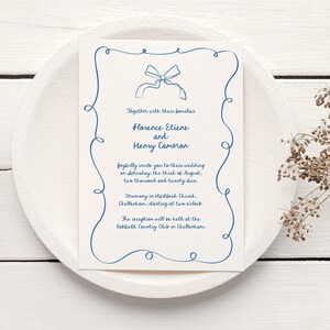 Bow Wedding Invitation Suite, Hand-Drawn Scribble Template, Editable Corjl, Handwritten Whimsical Invite RSVP Details Card, Blue Wavy Border image 2