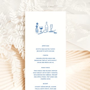 Hand Drawn Wedding Menu, Menu Template, Whimsical Illustrations, Wine Glass Doodle, Handwritten Font, Printable Template Corjl, French Blue