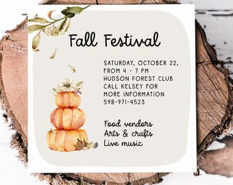 Fall Festival Invitation, Autumn Birthday Invitation Printable, Editable Template, Pumpkin Patch, Harvest Festivals, Halloween Party Invite