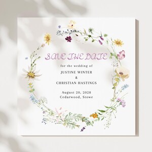 Square Save the Date Card, Wildflower Save the Date Template, Prairie Flowers Invite, Editable Template, Printable Wedding Announcement, 5x5