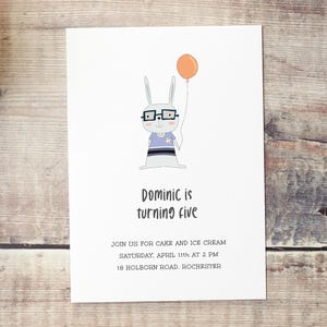 Bunny Birthday Invitation, Printable Party Invite Kids, Hand Drawn Card Animal with Glasses, Modern Birthday Party Template Digital Download