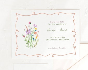 Save The Date Template, Wildflower Save the Date, Editable Template Corjl, Purple Wild Flowers, Greenery Save the Date, Natural Bouquet, 017