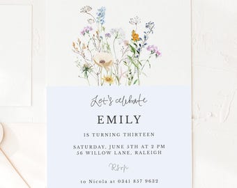 Wildflower Birthday Invitation | Meadow Garden Flowers Invite | Printable Flower Invitation | Editable Template Corjl | Blue Floral Invite