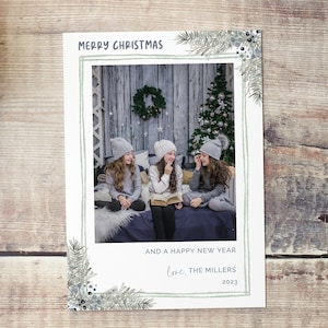 Christmas Card Template, Photo Christmas Card, Personalized Printable Holiday Card Template, Soft Blue and Green, Minimalist Winter Greenery