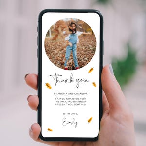 Digital Thank You Card for Phone, Autumn Birthday, Electronic Thank You Note with Photo, Fall Leaves Thank You Ecard Editable Template Canva