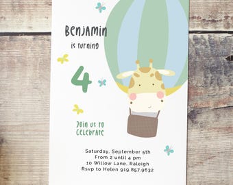 May include: A birthday invitation featuring a giraffe in a hot air balloon. The invitation reads "Benjamin is turning 4" with event details. The design includes butterflies and a pastel color scheme.