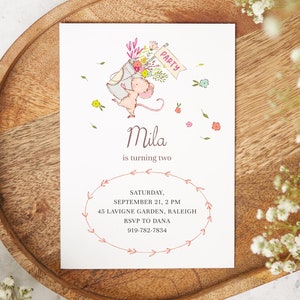 Personalized Birthday Invitation, Pink Flowers Birthday Invite, Editable Template, 1st Birthday Party, Little Mouse Card, Digital Download