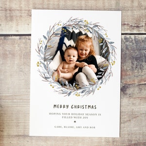 Christmas Card Template, Photo Christmas Card, Personalized Holiday Card, Editable Template, Soft Blue and Gold, Minimalist Winter Wreath