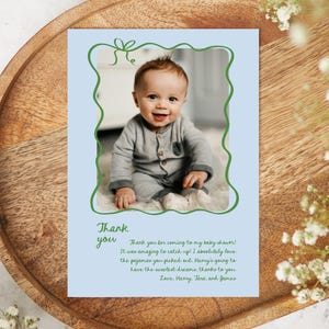 Newborn Thank You Card Template, Printable Birth Announcement, Blue Photo Card New Baby, Editable Thank You Note Baby Gift, Green Bow Frame