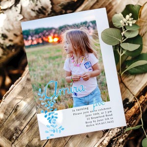 Photo Birthday Invitation, Printable Invitation Template, Editable Template, Girl or Boy Birthday Party Invite Blue Leaf, Digital Download