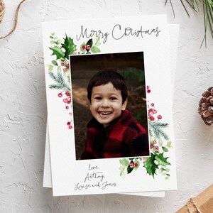 Christmas Card Template, Holiday Card Template, Printable Photo Card, Personalized Greeting Card, Holly Berries Greenery, Digital Download