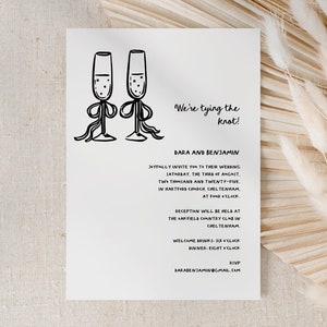 Hand Drawn Wedding Invitation, Whimsical Wedding Invite, Champagne Glasses Bow Drawing, Handwritten Italian Style, Editable Template, 1 Page