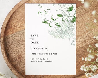 Greenery Save the Date Template, Green Bouquet, Save the Date Card, Editable Invitation Corjl, Botanical Style, Ivy Leaves, Sage Green, 015
