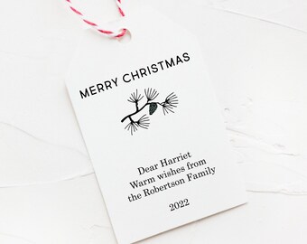 Holiday Tags Minimal, Printable Christmas Gift Tags, Personalized Merry Christmas Tags, Minimal Pine Cone, Modern Present Tag, Editable PDF