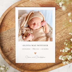 Birth Announcement Photo Template, Modern Newborn Card, Editable Template, Thank You Note with Picture, Welcome New Baby Heart, Printable