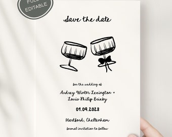May include: Black and white save the date card with a simple illustration of two wine glasses. The text reads "Save the date" for the wedding of Audrey Winter Lexington and Louis Philip Brixby on 01.09.2028 in Hartford, Cheltenham. Formal invitation to follow.