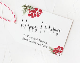 Happy Holidays Tags, Printable Christmas Gift Tags, Holiday Gift Tag, Red Holly Berries, Instant Download Editable PDF, Present Tag Greenery