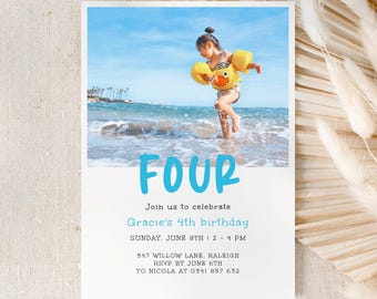 May include: A birthday invitation with a photo of a child in a yellow life vest playing in the ocean. The text on the invitation reads "FOUR, Join us to celebrate Gracie's 4th birthday, Sunday, June 8th 2-4 PM, 547 Willow Lane, Raleigh, RSVP by June 6th, To Nicola at 0341 857 632".