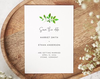 Modern Save The Date Template, Editable Corjl, Clean and Simple, Minimalist Save the Date Card, Bright Green Leaves, Nature Theme Greenery