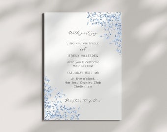 Blue Wedding Invitation Templates | Editable Template | Wedding Invite Suite | Set of 3 | Pastel Blue Leaves | Corjl Digital Download | 010
