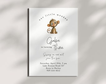 Monkey Birthday Invitation | Printable Template Corjl | Cute Baby Monkey Invite | Jungle Animals | Wild One | Editable Invite | Minimalist