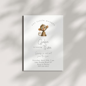Monkey Birthday Invitation | Printable Template Corjl | Cute Baby Monkey Invite | Jungle Animals | Wild One | Editable Invite | Minimalist
