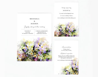 Daisy Wedding Flower Invitation | Wildflower Wedding Invitation | Purple and Yellow Watercolor Bouquet | Editable Template Corjl | Set of 3