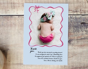 Photo Baby Card, Thank You Card Photo, Editable Template Corjl, Personalized Baby Shower Thank You Note, Newborn, Hand Drawn Pink Bow Frame
