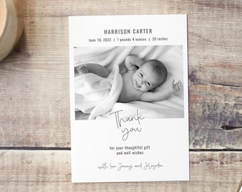 Birth Announcement Photo Template, Modern Minimalist Newborn Card, Editable Digital Download, Thank You Card with Picture, Welcome Baby