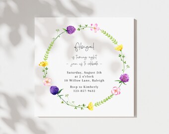 Floral Wreath Birthday Invitation | Editable Template | Corjl | 5x5 in | Birthday Template | Wildflower Wreath | Clover Flower | Printable