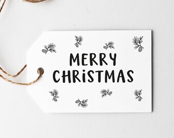 Christmas Gift Tag, Merry Christmas Tag, Printable Present Tags, Minimalist Holiday Tag, Black and White, Pine Cones, Digital Download PDF