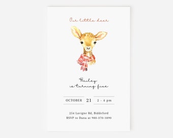 Little deer birthday invitation template, Editable digital download, 4x6, Woodland animals birthday party invite, Minimalist printable card