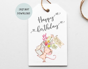 Happy Birthday Gift Tag, Printable Tags, Birthday Gift Tags, Pink Flower Gift Tag for Birthdays, Floral Gift Tags, No Edit, Instant Download