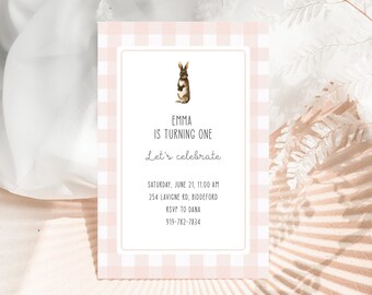 Bunny Birthday Invitation | Invitation Template | Buffalo Plaid Pink | Editable Template | 4 x 6 in | First Birthday Girl |Printable Invite