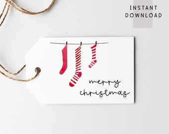 Merry Christmas Gift Tags, Stockings Tags, Red and White Socks, Printable Present Tags, Instant Download, Holiday Gift Tags, Minimalist Tags