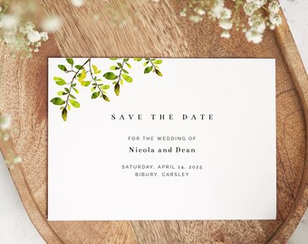 Greenery Save the Date Template, Editable Invitation Corjl, Green Tree Leaves, Nature Save the Date Card, Botanical Garden, Digital Download