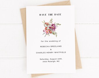 Save the date wildflowers, Editable template, Flower bouquet, Save our date card, Meadow prairie wedding, Digital invitation download, Corjl